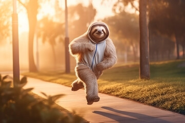 Smiling sloth running in city park at sunrise, healthy lifestyle concept. Generative AI - 596679066