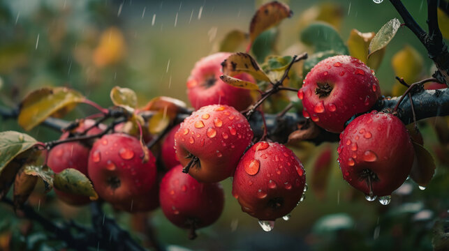 Autumn day. Rural garden. In the frame ripe red apples on a tree. It's raining Photographed garden, generative ai