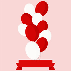 Vector illustration of red and white balloons with a red ribbon. Copy space