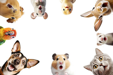 Nine Domestic Funny Surprised Animals (dog, guinea pig, parrot, cat, ferret, rabbit, chick, mouse, hamster)  with open mouth. AI generative. Isolated on White Background.