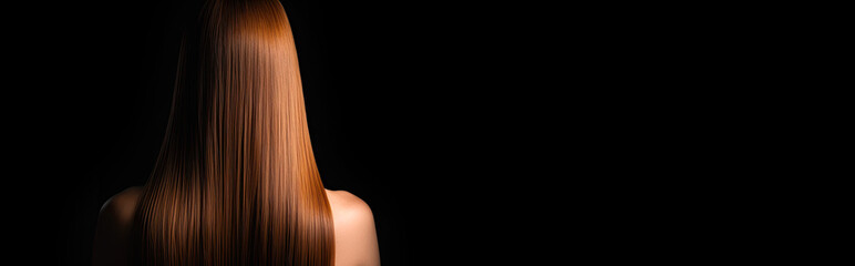 Back View of Woman with Beautiful Shiny Straight Keratin Brown Hair. AI generative. Isolated on Black Background - obrazy, fototapety, plakaty