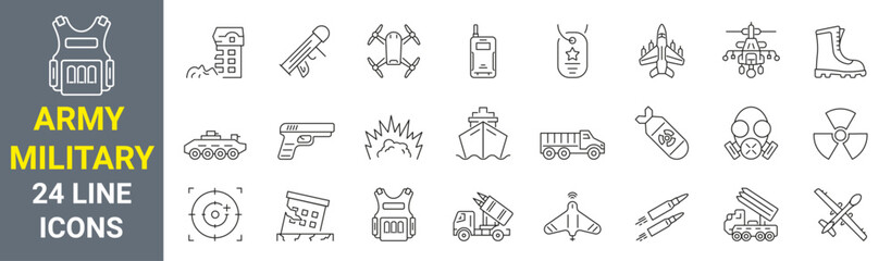 Army Military and war icons set. outline icons. Editable Stroke
