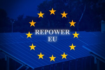 European flag with Solar Panels as background and the text 