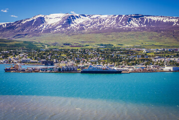 Port in Akureyri town on the shore of Pollurinn bay, Iceland