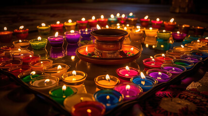 Diwali celebration - Diya oil lamps lit on colorful rangoli, generative ai