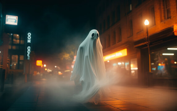 Scary ghost floating on a street at night. Generative AI