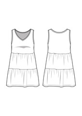 womenswear v-neck sleeveless tiered mini dress fashion technical drawing / flat sketch /CAD / ADOBE Illustrator vector digital download	
