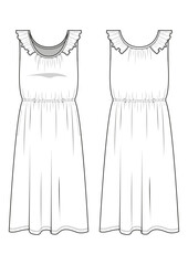 womenswear ruffle waist cinched jersey dressfashion technical drawing / flat sketch /CAD / ADOBE Illustrator vector digital download	
