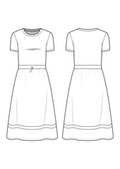 womenswear t-shirt dress short sleeve drawstring, woven skirted fashion technical drawing / flat sketch /CAD / ADOBE Illustrator vector digital download	
