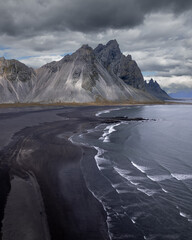 Vestrahorn Black Sand Beach in Stokksnes, Iceland. High quality photo. The horned mountains of east Iceland Aerial Drone image