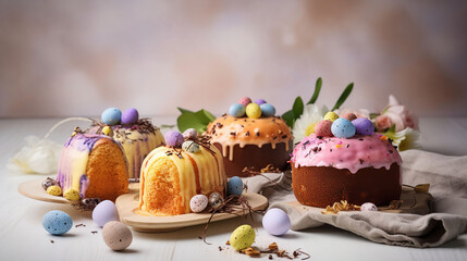 Obraz na płótnie Canvas Traditional easter cake or sweet bread - Delicious Easter cakes and eggs on white background, generative ai