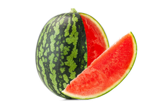 whole and a slice watermelon on white background.