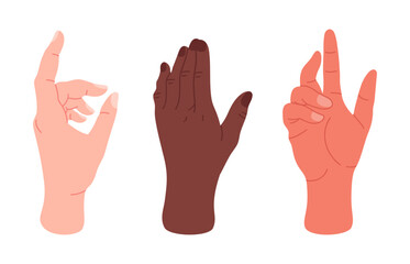 Human hands gestures. Palms with elegant gesture, male or female hands showing, presenting and pointing flat vector illustration set