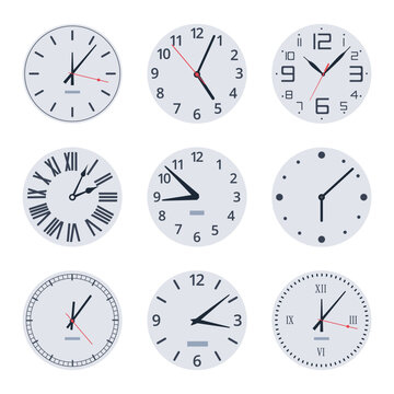 Vintage clock faces. Analog electronic and mechanical watches, watch faces with numbers and clock hands flat vector illustration set