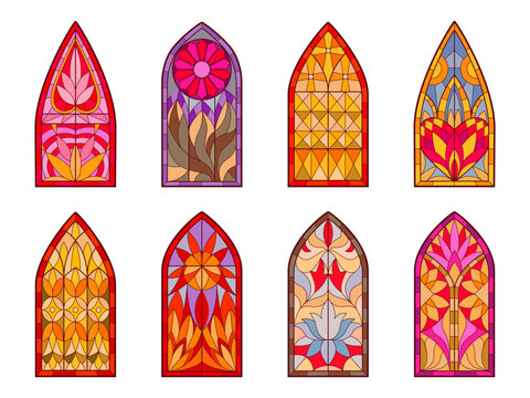 Mosaic church windows. Stained glass decorative windows, cathedral stained glasses. Geometric and floral design windows flat cartoon vector illustration set