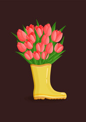 Bouquet of red tulips flowers in rubber boot. Spring composition for women's day, mother's day, easter and other holidays. Floral design isolated vector illustration for postcard, poster and other.