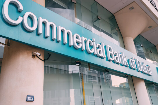 17 January 2023, Dubai, UAE: Commercial Bank of Dubai signage at the entrance to famous financial institution