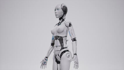 3d render illustration of female robot humanoid white backgorund for artificial intelligence standing pose