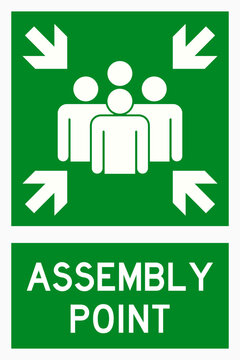 isolated emergency exit, assembly point fire safety symbols on green rectangle board notification sign for pictograms, icon, label, logo or package industry etc. flat style vector design.