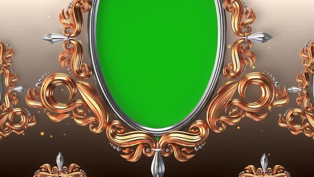Gold brass photo frame with animated background and green screen inside the frame