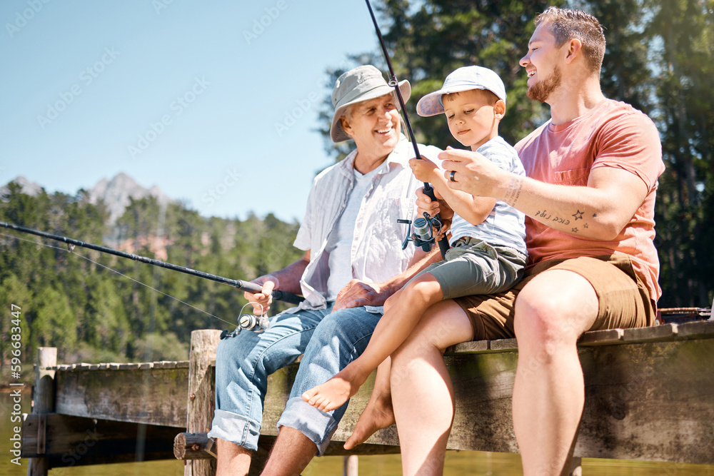 Poster The boys wanted to spend some quality time together. Shot of a little boy fishing with his father and grandfather at a lake in a forest.