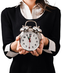 Woman Holding Alarm Clock - Isolated
