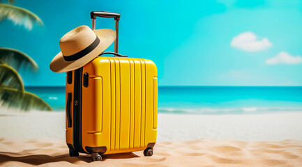 Suitcase and straw hat at the sandy tropical beach. Travel , summer holidays, vacation concept. Blank space for text or logo. Generative Ai
