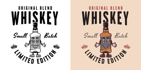 Fototapeta premium Whiskey smiling bottle vector emblem, badge, label or logo. Two styles monochrome and colored with removable textures