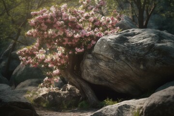 Fototapeta na wymiar Forest rock with flowering tree by AI. Generative AI
