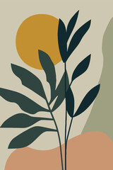 Minimalist abstract background with leaves and sun. Vector illustration.