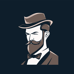 Vector illustration of a man with a mustache in a hat and bow tie.