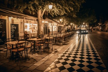 Fototapeta na wymiar Festive street cafe in Ioannina, Greece. Chessboard-like pedestrian walkway, lit up with tables and chairs. Generative AI