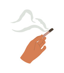 Hand holding a burning, smoking Palo santo stick. Purification of space, energy with palo santo. Flat style esoteric illustration isolated on white background. Vector