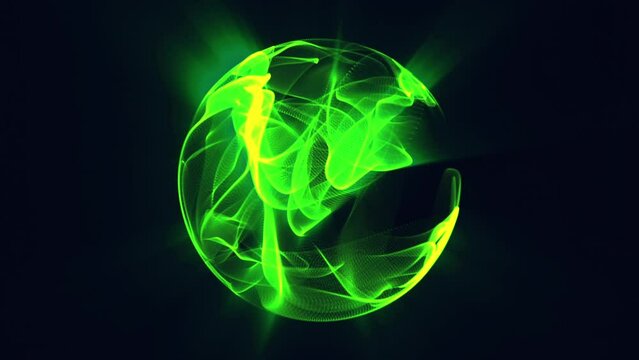 3d glowing cosmic sphere animation in the Universe. Animated green 3d sphere made of shining particles and energy rays. Rotating technology sphere. Matrix, artificial intelligence, technology, science