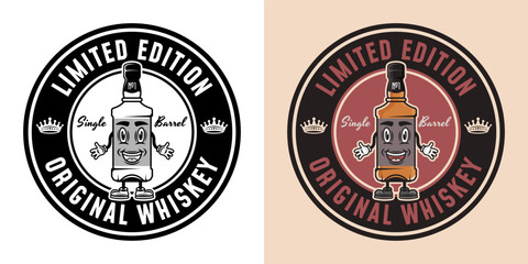Whiskey bottle cartoon mascot vector round emblem, badge, label or logo. Two styles monochrome and colored with removable textures