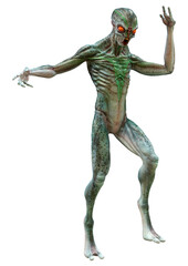 3D Rendering Green Alien on White