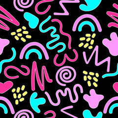 90s doodle seamless pattern with simple shapes on a black background. 