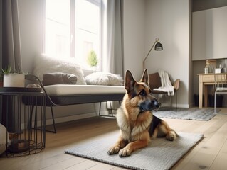 Moderne Stadt Wohnung mit Deutschen Schäferhund als Haustier, generative AI.