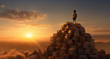 Fototapeta na wymiar A child standing among many books against the background of sunset. Generative AI