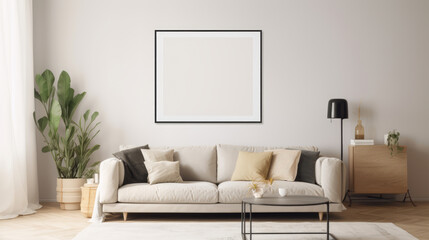Fototapeta na wymiar Modern interior of the living room with a mock-up frame. Generative AI