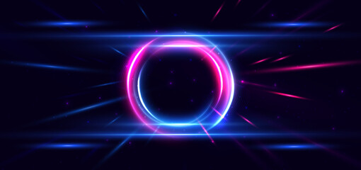Abstract technology futuristic circles neon glowing blue and pink light lines with speed motion blur effect on dark blue background.