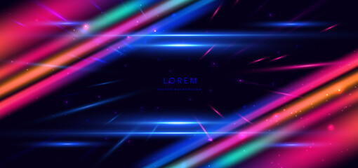 Multi-colored neon light line diagonal abstract background with dot lighting effect on dark blue background.
