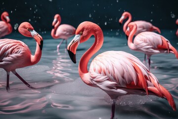 3D-rendered flamingos in pink water. Generative AI