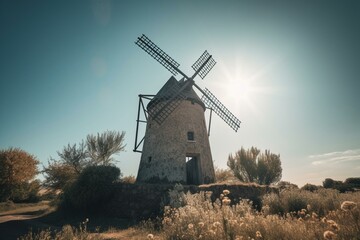 Fototapeta na wymiar A windmill rotates in the midst of a blue sky. Generative AI