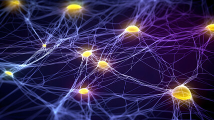 Conceptual illustration of neuron cells with glowing link knots in abstract dark space, high resolution 3D illustration Generative AI