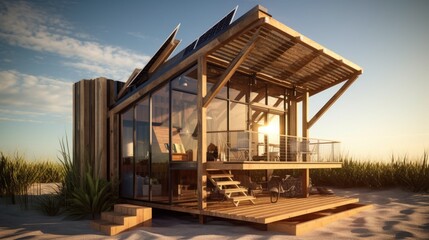 Obraz premium Eco-friendly beach cabin with a modern twist, featuring solar panels, reclaimed wood, and recycled materials. Generative AI