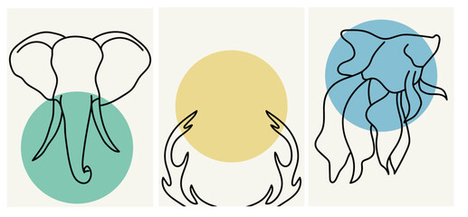 Collection of modern simple posters with linear silhouettes of animals: elephant, deer horns, fish with colored geometric shapes (circles) on the background