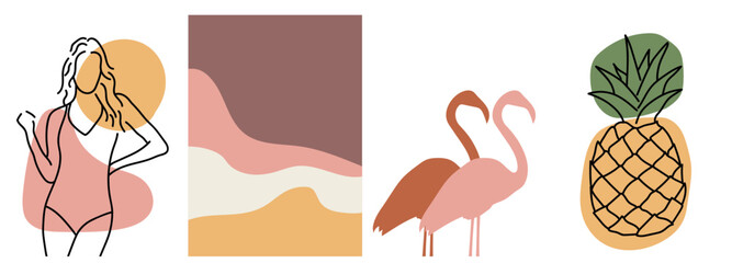 Collection of modern simple posters with a linear silhouette of a woman in a swimsuit, a flamingo, an abstract landscape and a pineapple with geometric shapes on a colored background