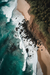Fototapeta na wymiar Top-down view of rocky beach shore generative AI