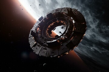 Fototapeta na wymiar 3D spaceship sailing around black hole orbit. Generative AI